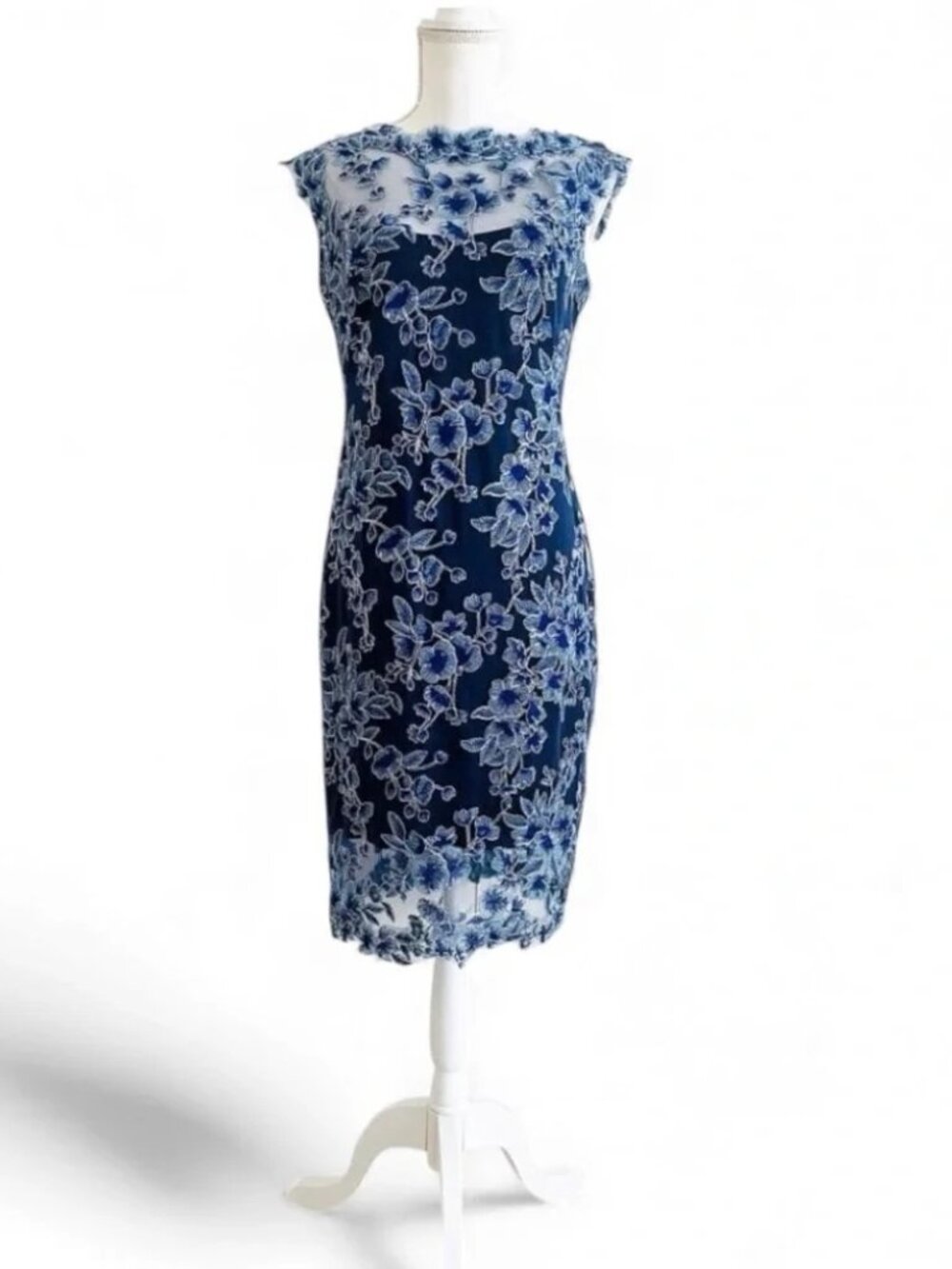 Tadashi Shoji Navy Blue Floral Lace Sheath Dress